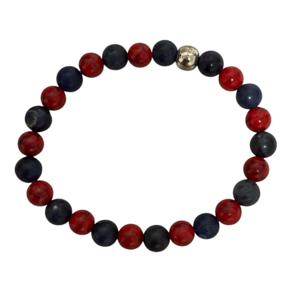 Bead Bracelet with Silver Center Bead Stretch Fits Most Women in Red/Gray/Black